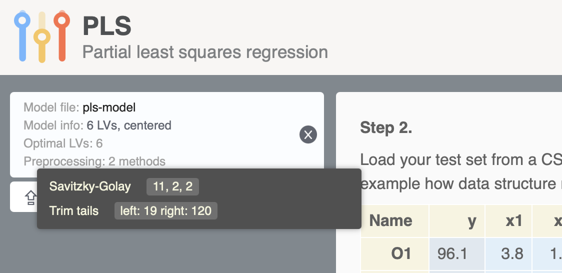 Screenshot with PLS model loaded to mda.tools/pls
